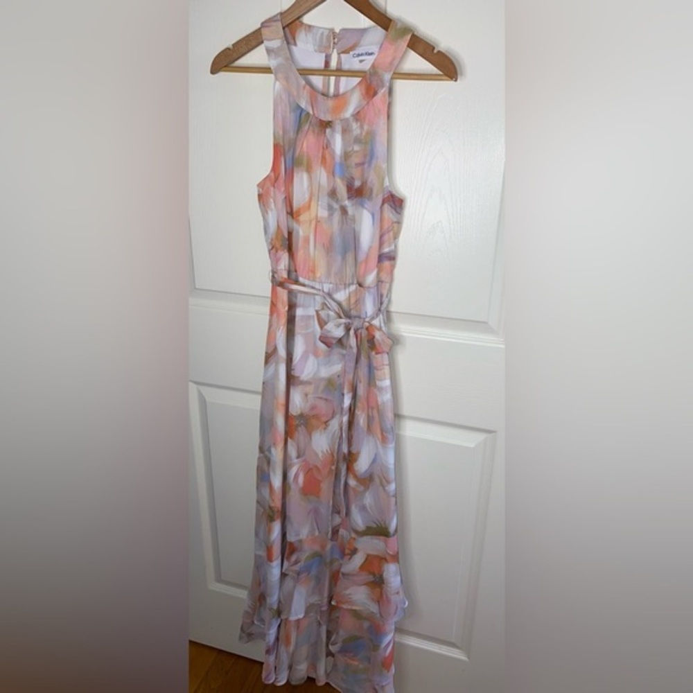 Calvin Klein Pastel Floral-Print Chiffon Maxi Dress, Wedding Guest